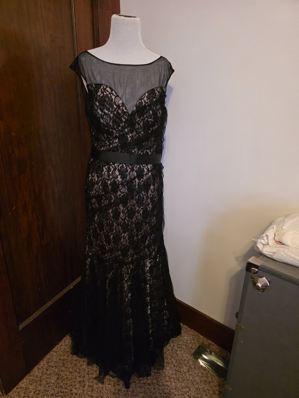 Ever Pretty Black Lace Maxi Gown with Illusion Neckline
